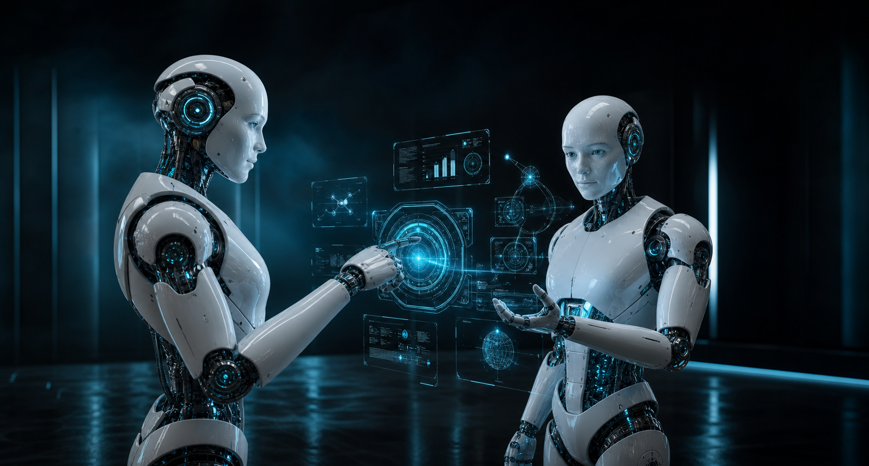 Two humanoid robots collaborating across FLOT industries